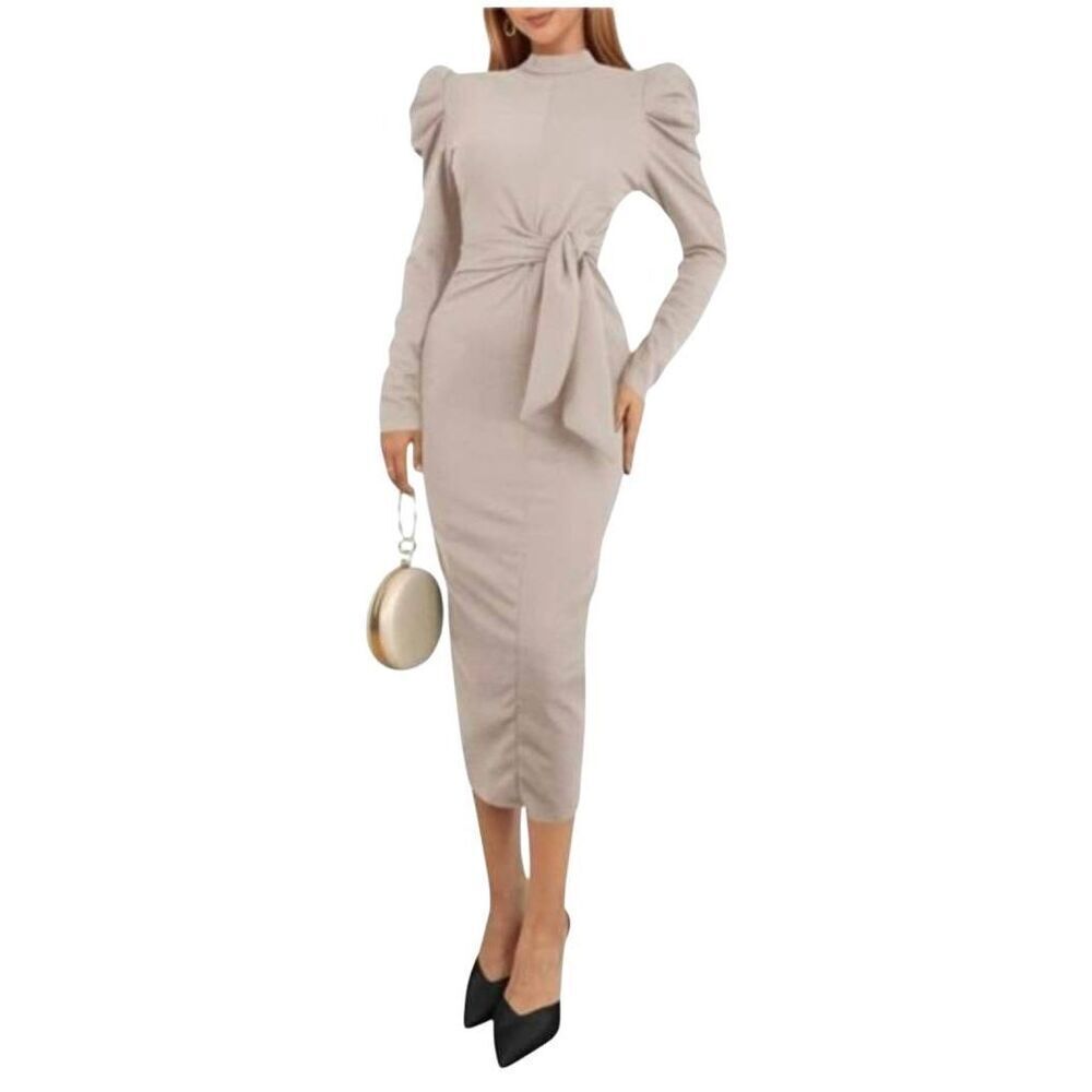 Lucy's Wenrine Beige Polyester/Spandex Knit Long Puff Sleeve w Tie at Waist Penc